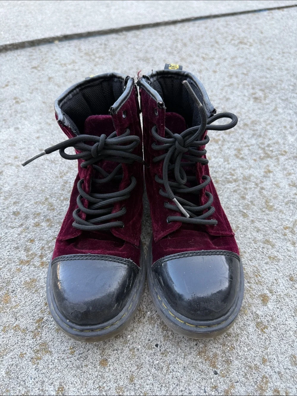 Kids Dr. Martens Velvet Lace-Up Ankle Boots in Burgundy US 2